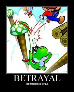 Mario drops Yoshi into a bottomless pit